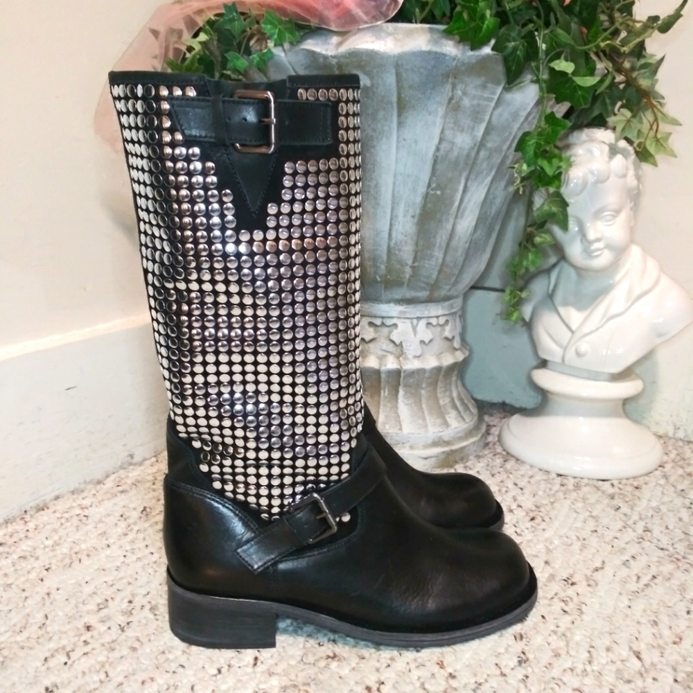Anthropologie Vicenza Silver Studded Black Leather Rocker Chic Style Moto Boot - Picture 2 of 9
